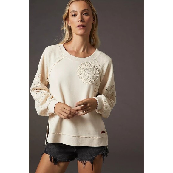 Anthropologie Pilcro Doily Sweatshirt Top Eyelet Embroidered Crochet S 281804 - Picture 1 of 10